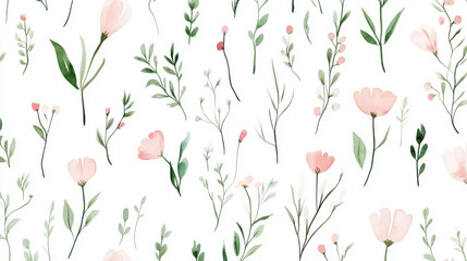 Watercolor floral pattern with pink flowers, green leaves, and yellow accents on a white background. Delicate and nature-inspired design