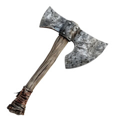 A large, old fashioned, rusty axe with a wooden handle