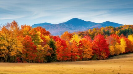 Obraz premium Vibrant Autumn Landscape, A serene fall day showcases brilliant foliage against majestic mountains, creating a peaceful atmosphere filled with rich colors and natural beauty.