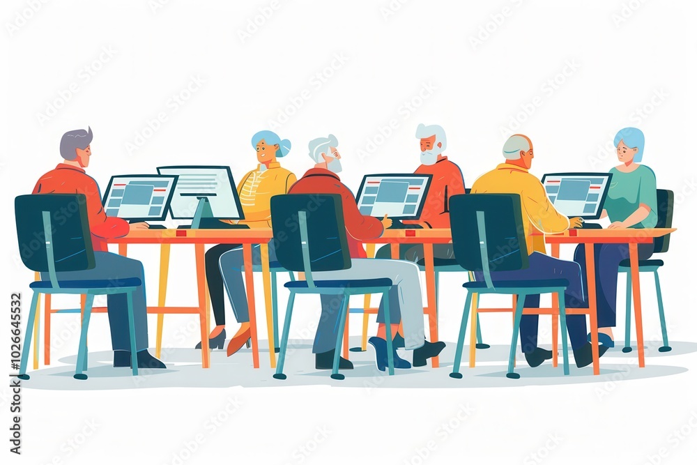 Fototapete a diverse group of elderly individuals work on computers, learning important digital skills in a sup