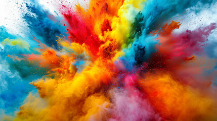 Fototapeta premium A Vibrant Explosion of Colorful Rainbow Powder Bursts From the Center Against a White Background, Capturing the Essence of Celebration and Joy