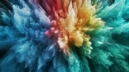 A Vibrant Celebration of Color as Rainbow Powder Explodes Outward Against a Pure White Backdrop, Evoking Joy and Festivity