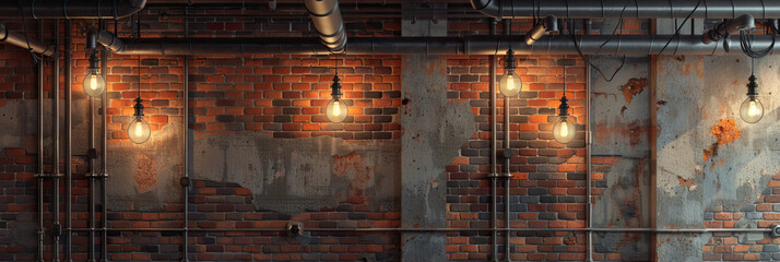 Fototapeta premium Industrial-Chic School Setting: Exposed brick walls, Edison bulbs, and metal fixtures in a utilitarian style.