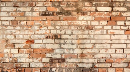 Fototapeta premium Faded Advertisements on Vintage Brick Wall, a textured backdrop showcasing remnants of colorful ads, evoking nostalgia and a sense of history and timelessness.