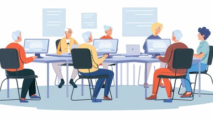 A diverse group of elderly people attentively participates in computer courses, mastering digital skills with laptops and desktops. Generative AI
