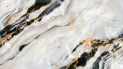 Elegant white marble featuring striking black and gold flecks, sophisticated 3D background, an embodiment of unique luxury and refined design aesthetic.