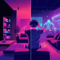 Illustrate a living room setting where a person is deeply immersed in virtual reality (VR)
