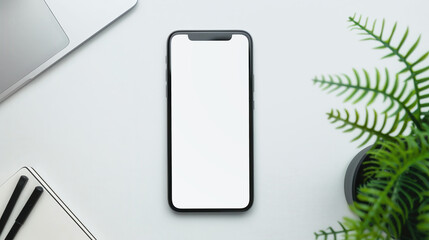Modern smartphone on minimalist desk, bright office space, clean design, tech-focused environment, ample copy space, inviting and professional atmosphere, ideal for showcasing innovation