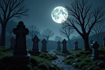 Spooky cemetery casting shadows in moonlight on halloween night