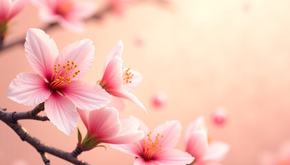 Obraz premium Vibrant cherry blossom flowers on a branch with a soft pink background