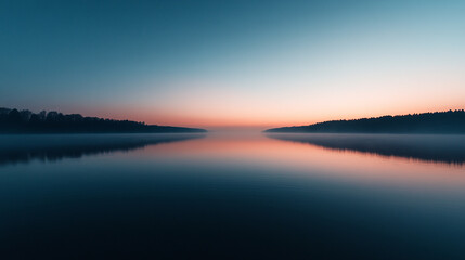 Fototapeta premium A serene, still lake at dawn, reflecting the colorful sky with a hazy forest in the background.