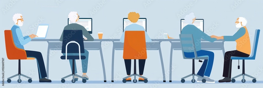 Leinwandbilder A group of senior citizens participate in a computer course, learning to use laptops and desktop computers in a local community center. Generative AI