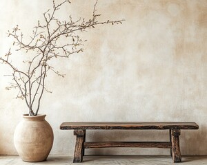 Rustic wooden bench and clay vase with branch near beige grunge stucco wall with copy space. Japandi, wabi-sabi home interior design of modern living room.