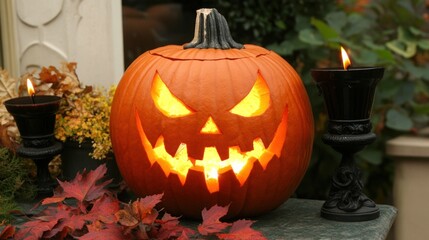 Obraz premium A carved jack-o'-lantern with a menacing grin sits on a table illuminated by two flickering candles.