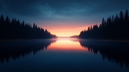 Fototapeta premium A tranquil lake with a foggy sunrise reflected in the water, framed by trees on either side.