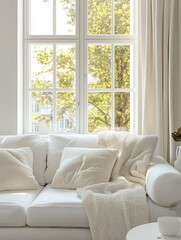 White cushions and cream color blanket on white sofa against of window. Scandinavian style interior design of modern living room, soft pastel colors. Created with generative AIWhite cushions and cream