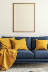 Blue sofa with yellow pillows and blanket against beige wall with frame poster. Scandinavian home interior design of modern living room.Blue sofa with yellow pillows and blanket against beige wall wit
