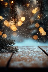 Fototapeta premium Snow gently falls on a wooden pathway adorned with twinkling lights during winter festivities