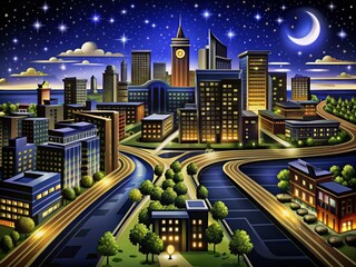 Obraz premium Flat Style Night Map Illustration with Vibrant Colors and Details for Graphic Design