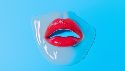 Obraz premium An abstract close-up of a woman's open mouth, with liquid shimmering on her tongue, lips soft and parted, set against a clean pastel blue background for a minimal look.