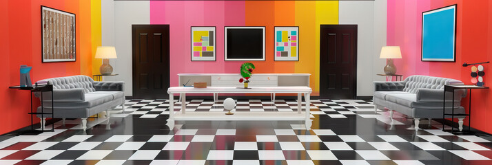 Monochrome Learning Space: Black and white checkered floor, simple gray furniture, and colorful accents on the walls.