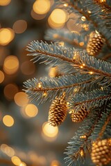 Golden ornaments hanging on a beautifully decorated Christmas tree during the holiday season