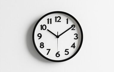 Fototapeta premium Modern wall clock with bold, sans-serif numbers and a matte black finish, hanging against white