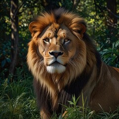 Fototapeta premium A majestic lion with a thick mane stares intently at the camera.