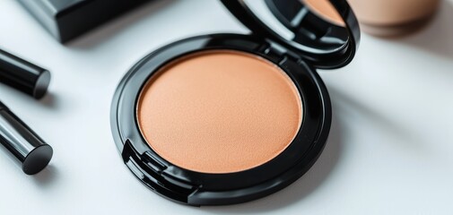 Compact bronzer with a warm tone, opened to display the pressed powder, set on a clean white surface