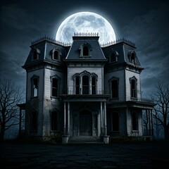 Fototapeta premium Scary House Ghost and Moon for Halloween Photos
