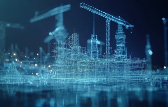 Construction site in a modern city with digital overlay and cranes at dusk