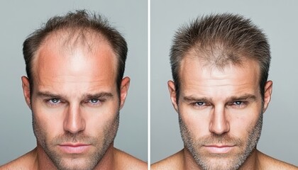 Fototapeta premium A before-and-after image with the left side showing a close-up of a man's thinning hair and visible bald spots, while the right side shows the same person with fuller, thicker hair after treatment.