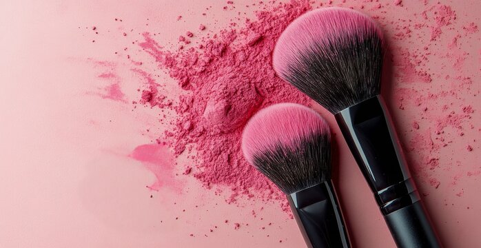Three pink makeup brushes with soft bristles and scattered blush powder on a pink background
