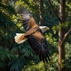 Obraz premium A bald eagle in flight with its wings spread wide against a backdrop of lush green foliage.