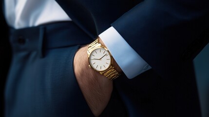 a man in a classic black suit wears a classic gold watch