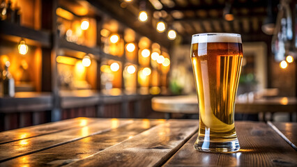 Amber beer in a tall glass on a wooden table on a blurred bar background