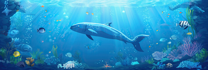 Naklejka premium Blue Oceanic: An aquatic-themed background features soothing blues and sea life decor, perfect for a marine biology or environmental studies classroom.