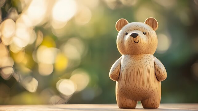 Wooden Bear Toy on a Wooden Table with Bokeh Background. Illustration 3D For inserting text in Copy spaces - Powered by Adobe