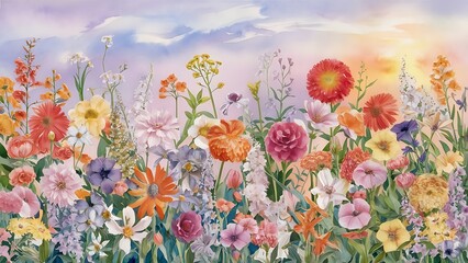 Obraz premium Watercolor background with many flowers