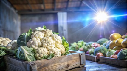 Fresh Cauliflower Box at Market - Healthy Food Sale, Vitamins, Low Light Photography