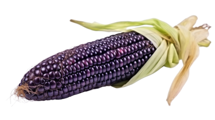 A purple corn cob with a green leafy stem