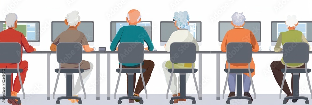 Fototapete A group of elderly participants is focused on learning computer skills while working on laptops and desktops in a classroom setting. Generative AI