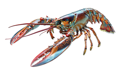 A large blue and red lobster is shown on a white background