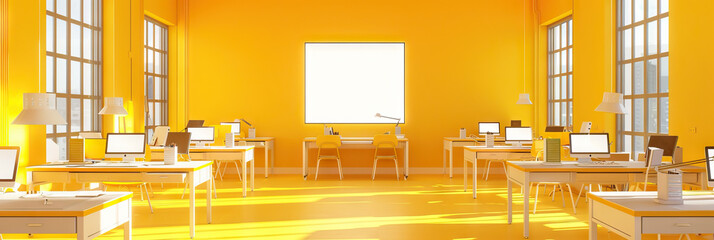 Yellow Brilliance: A cheery yellow background sets the stage for a stimulating learning environment, featuring well-lit workstations and motivational quotes.