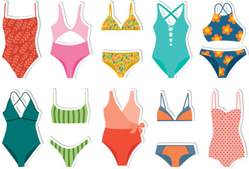 Hand drawn stickers with colorful swimsuit. Set of colorful cute fashionable bikini