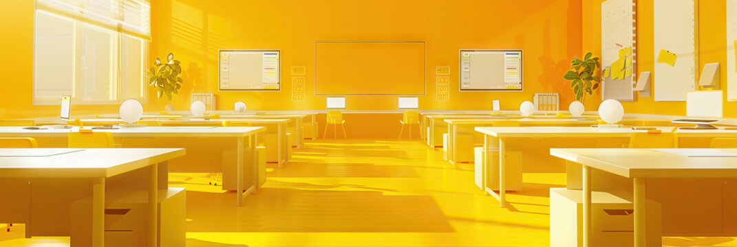 Yellow Brilliance: A cheery yellow background sets the stage for a stimulating learning environment, featuring well-lit workstations and motivational quotes.