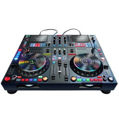 A DJ controller with a CD drive sits on a white background