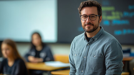 Fototapeta premium Man Guiding in Minimalist Classroom
