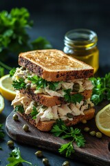 Delicious tuna salad sandwich layered with capers and fresh greens on rustic wooden board