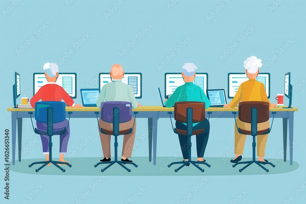 Poster A group of older adults is actively participating in computer courses, learning to use laptops and desktop computers effectively. Generative AI